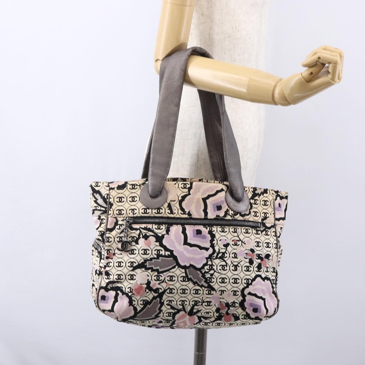CHANEL Tote Bag Canvas Leather Beige Silver CC Auth 155092