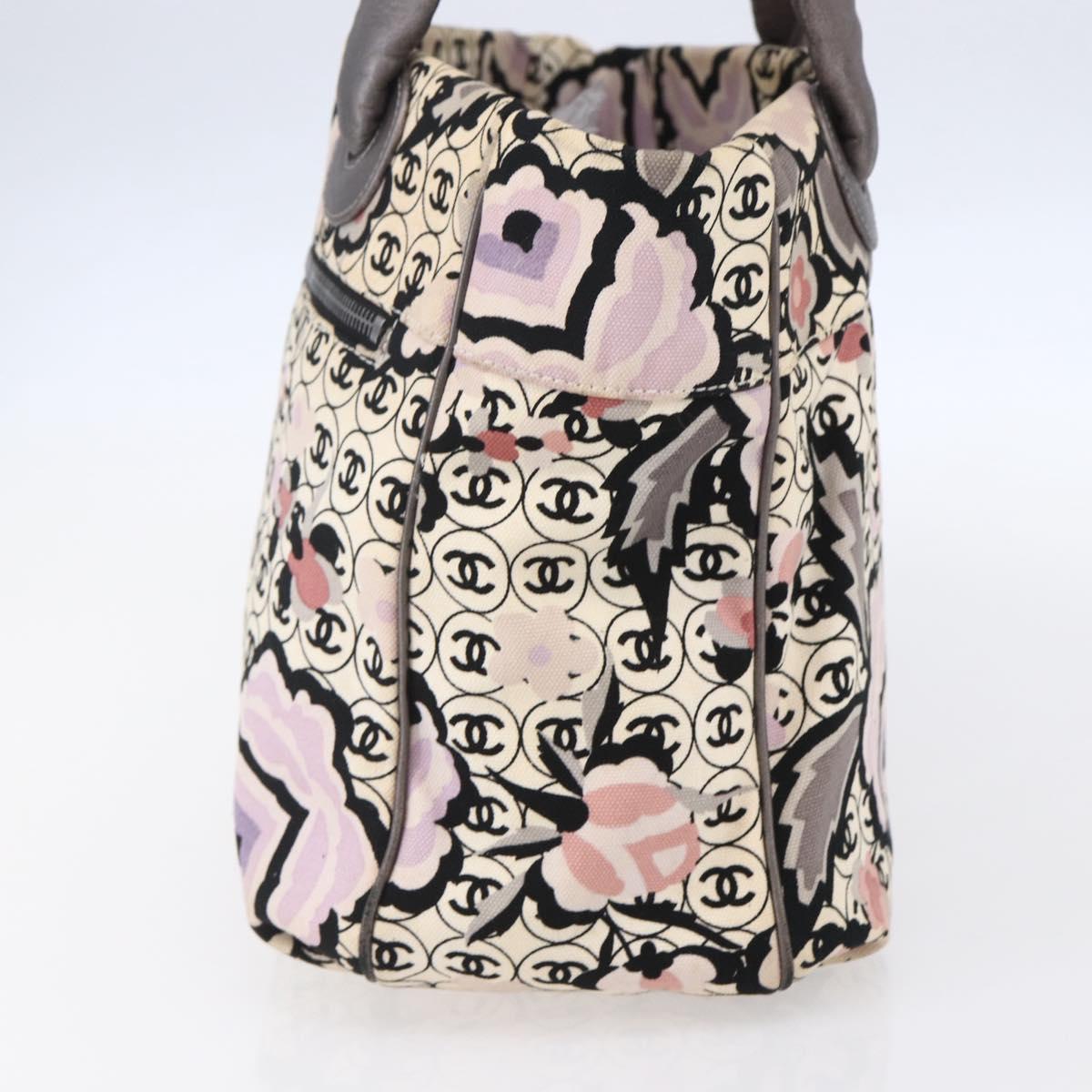 CHANEL Tote Bag Canvas Leather Beige Silver CC Auth 155092