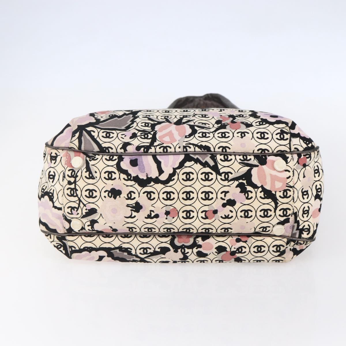 CHANEL Tote Bag Canvas Leather Beige Silver CC Auth 155092