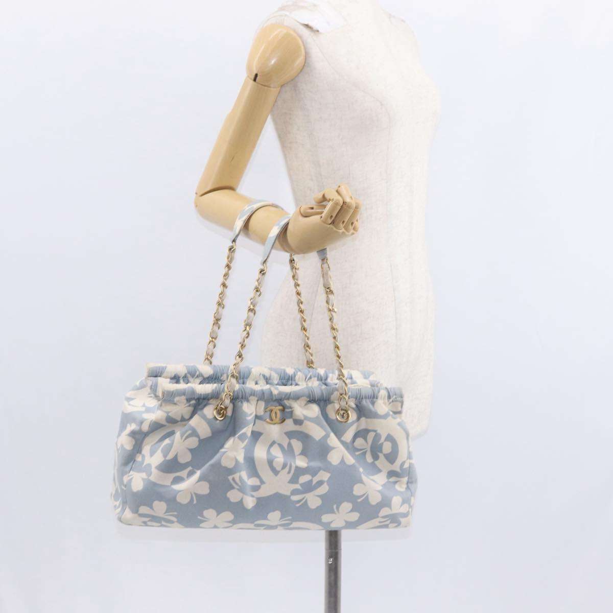 CHANEL Chain Shoulder Bag Canvas Gold Light Blue CC Auth 155097