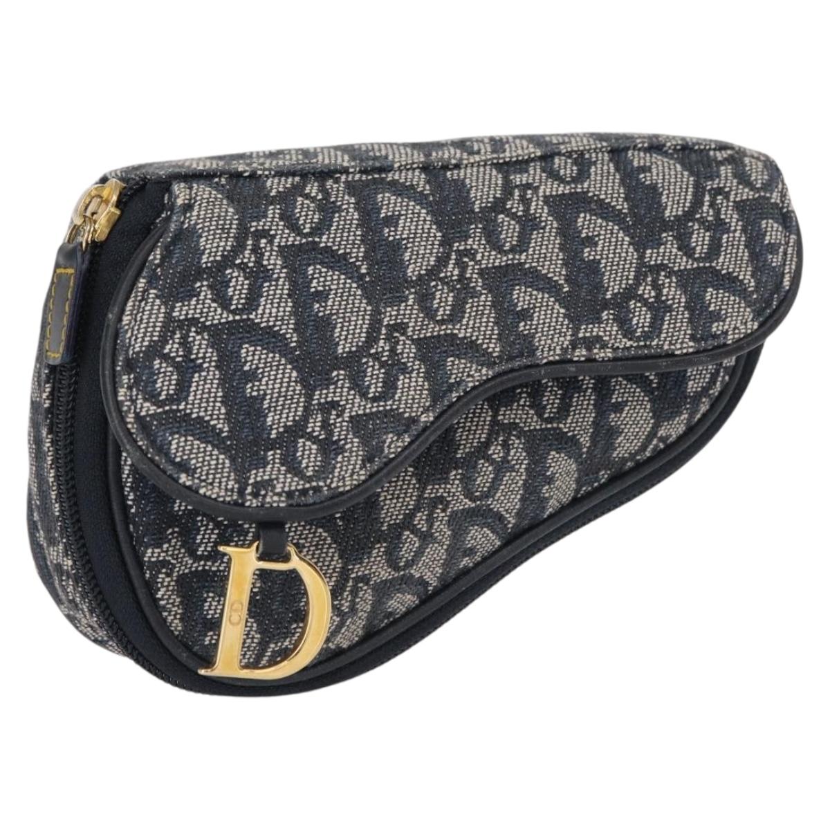 Christian Dior Trotter Canvas Saddle Pouch Accessory Pouch Navy Gold Auth 155099