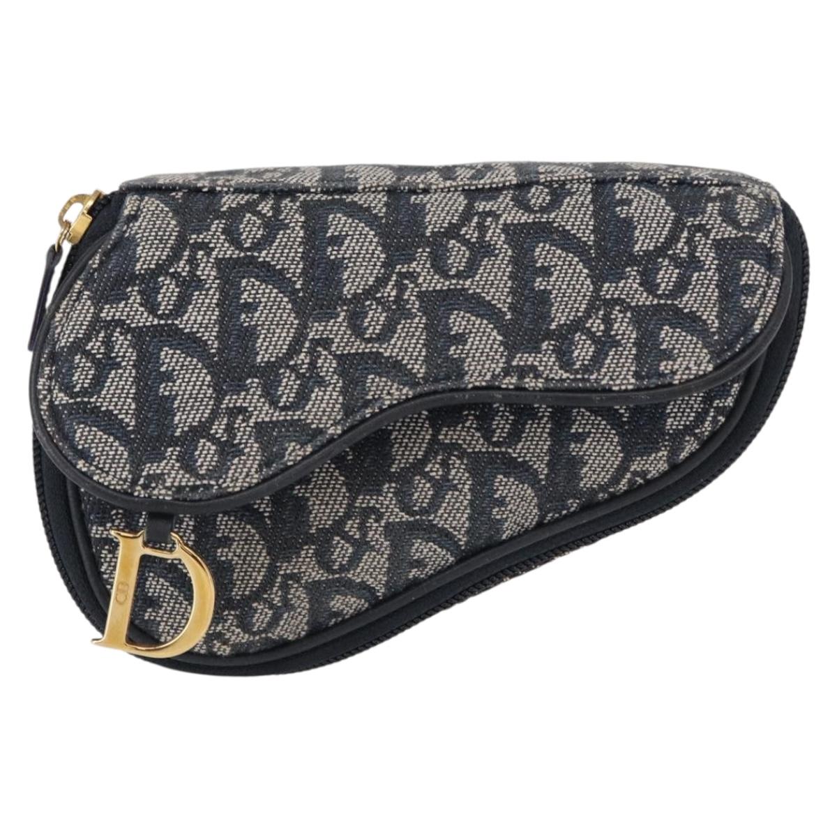 Christian Dior Trotter Canvas Saddle Pouch Accessory Pouch Navy Gold Auth 155099