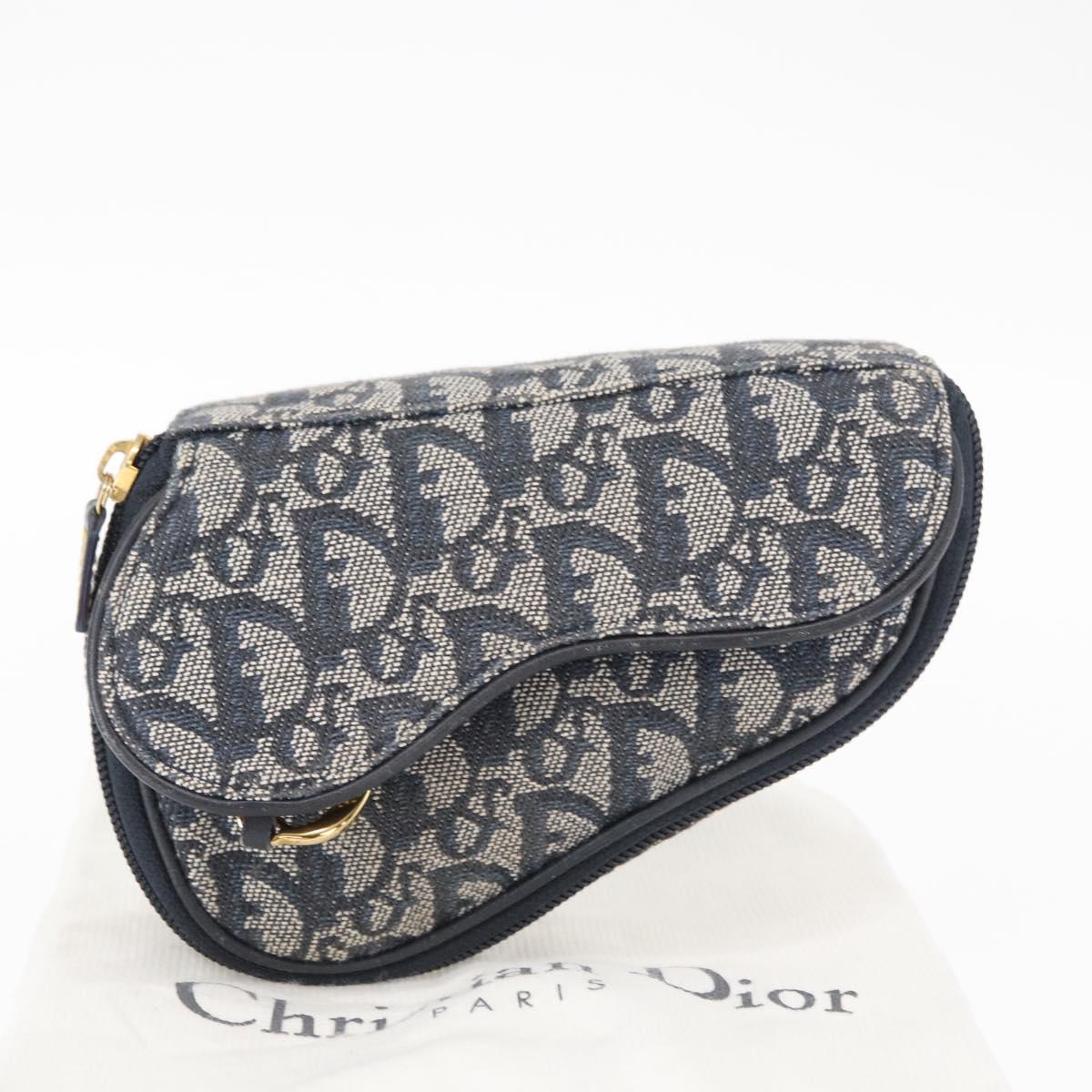 Christian Dior Trotter Canvas Saddle Pouch Accessory Pouch Navy Gold Auth 155099