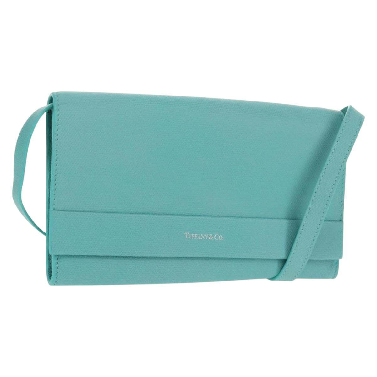 TIFFANY&Co. Shoulder Wallet Leather Turquoise Blue Auth 155100M