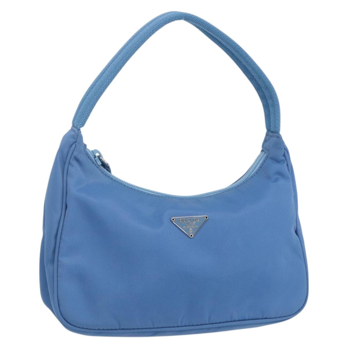 PRADA Hand Pouch Nylon Light Blue Silver Auth 155104V