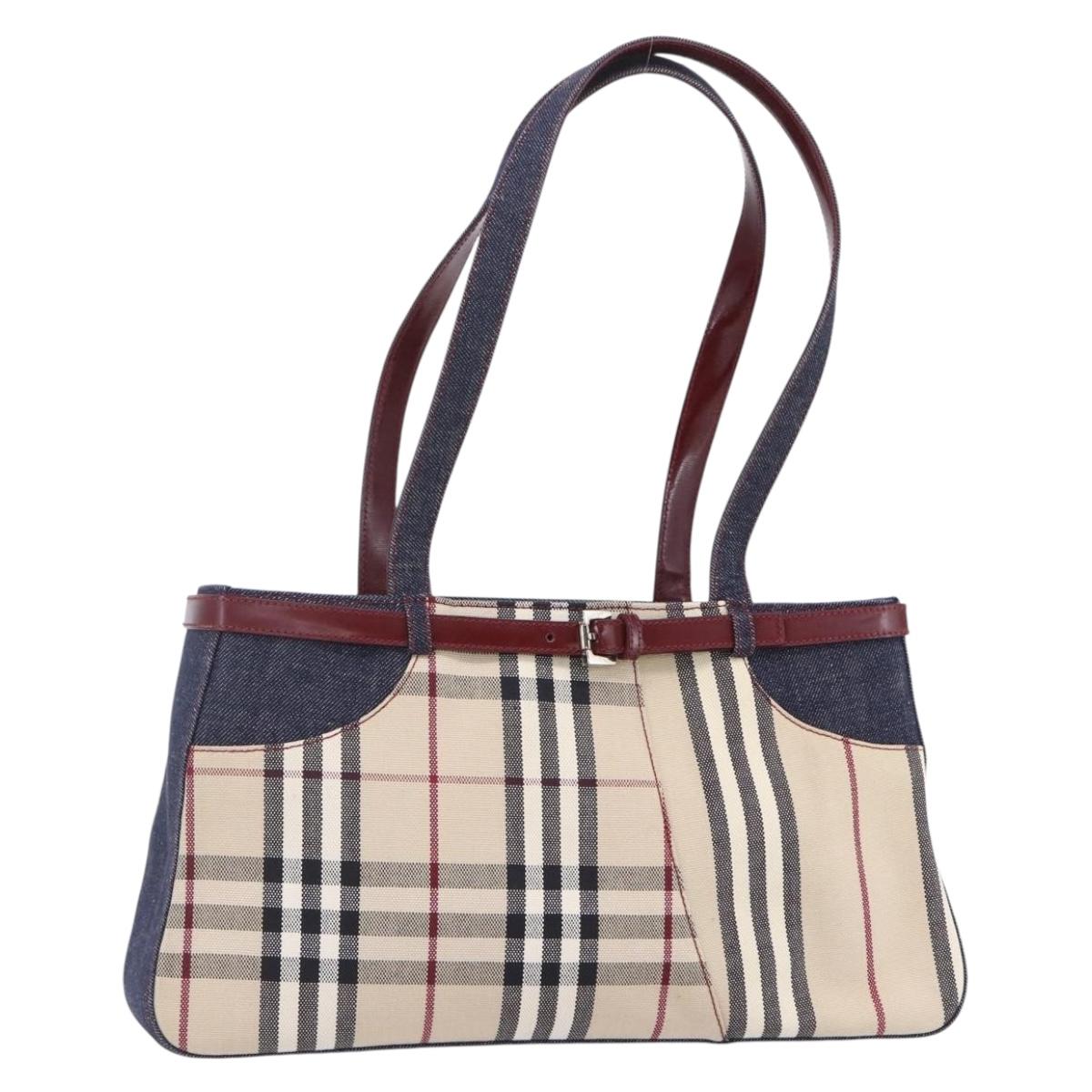 BURBERRY Nova Check Tote Bag Denim Blue Beige Silver Auth 155109
