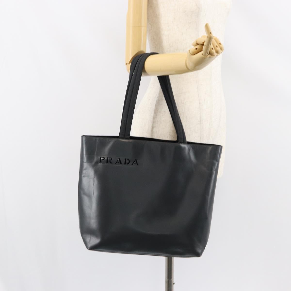 PRADA Tote Bag Leather Black Silver Auth 155205