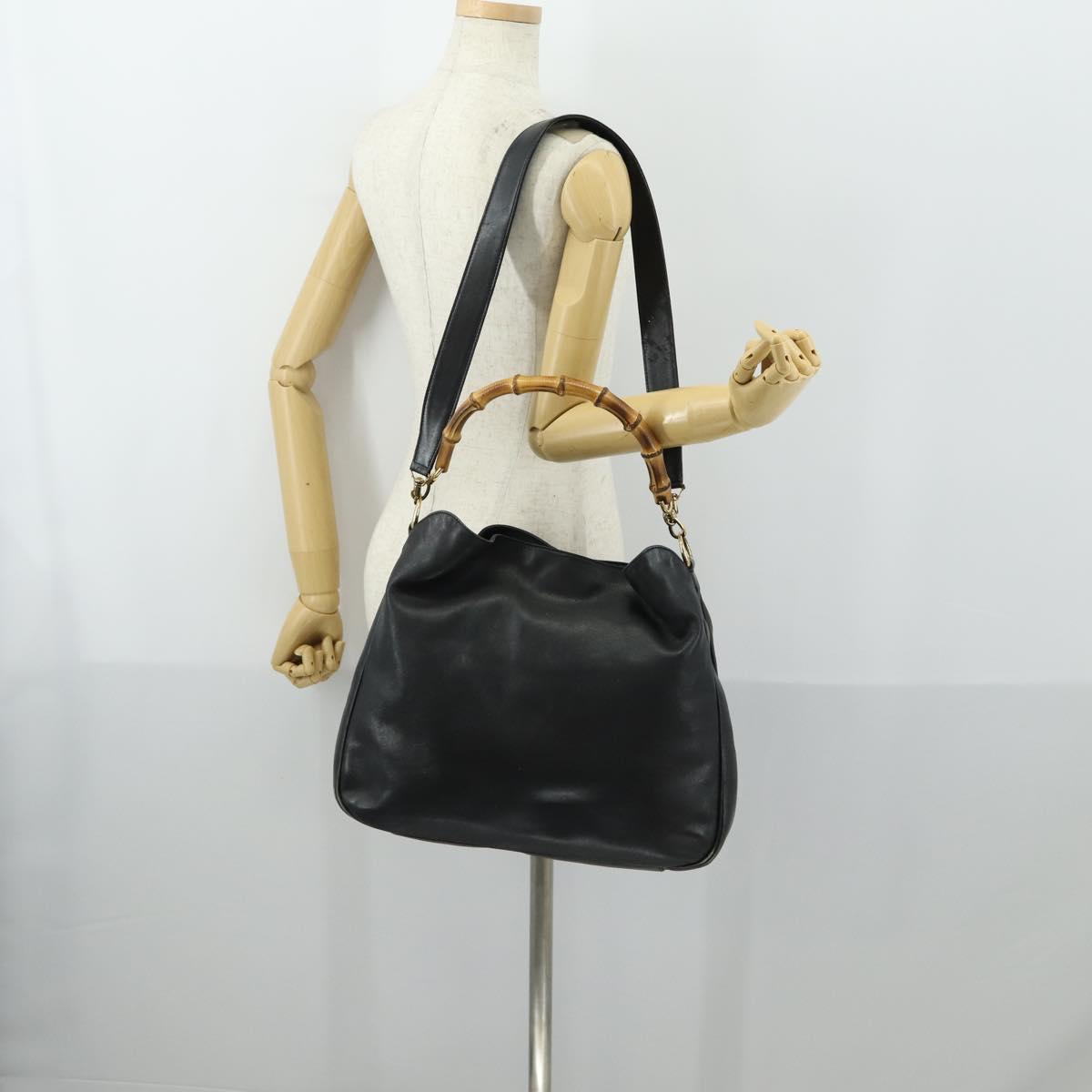 GUCCI Bamboo Hand Bag Leather 2way Black Gold 001 2854 1577 Auth 155217