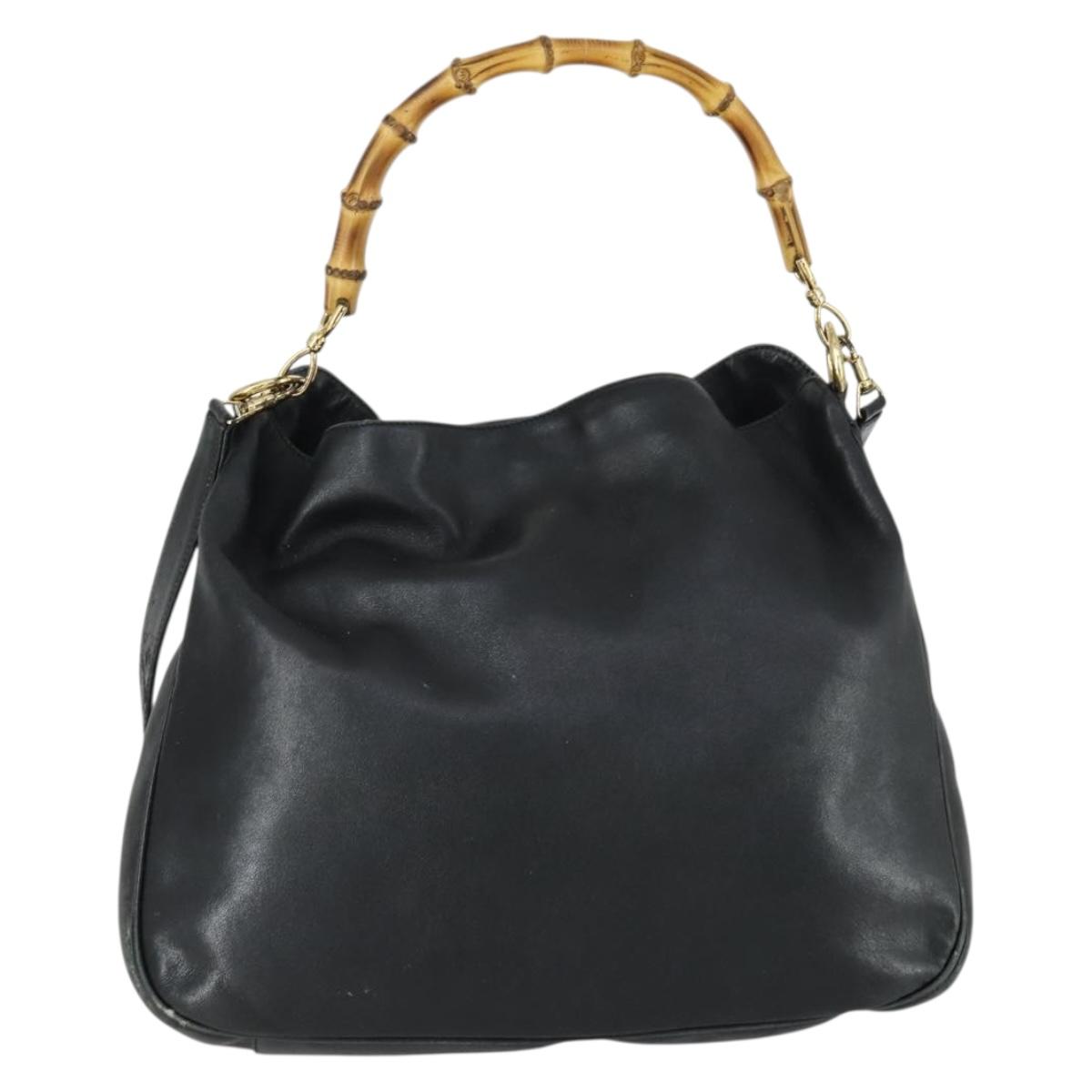 GUCCI Bamboo Hand Bag Leather 2way Black Gold 001 2854 1577 Auth 155217