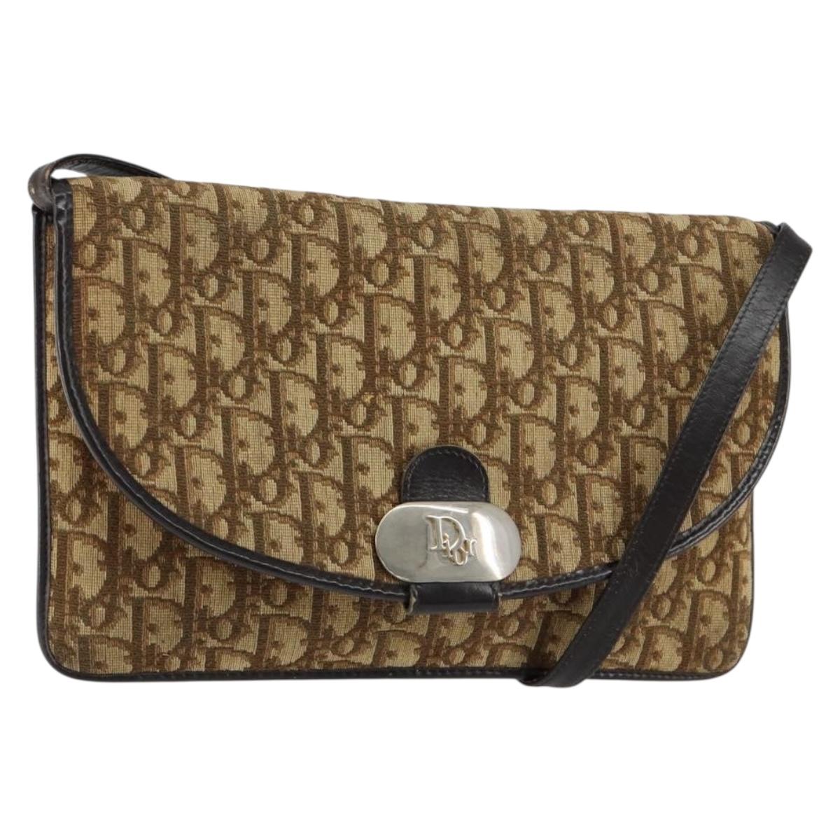 Christian Dior Trotter Canvas Shoulder Bag Beige Gold Auth 155229