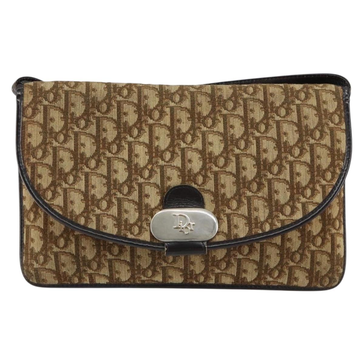 Christian Dior Trotter Canvas Shoulder Bag Beige Gold Auth 155229