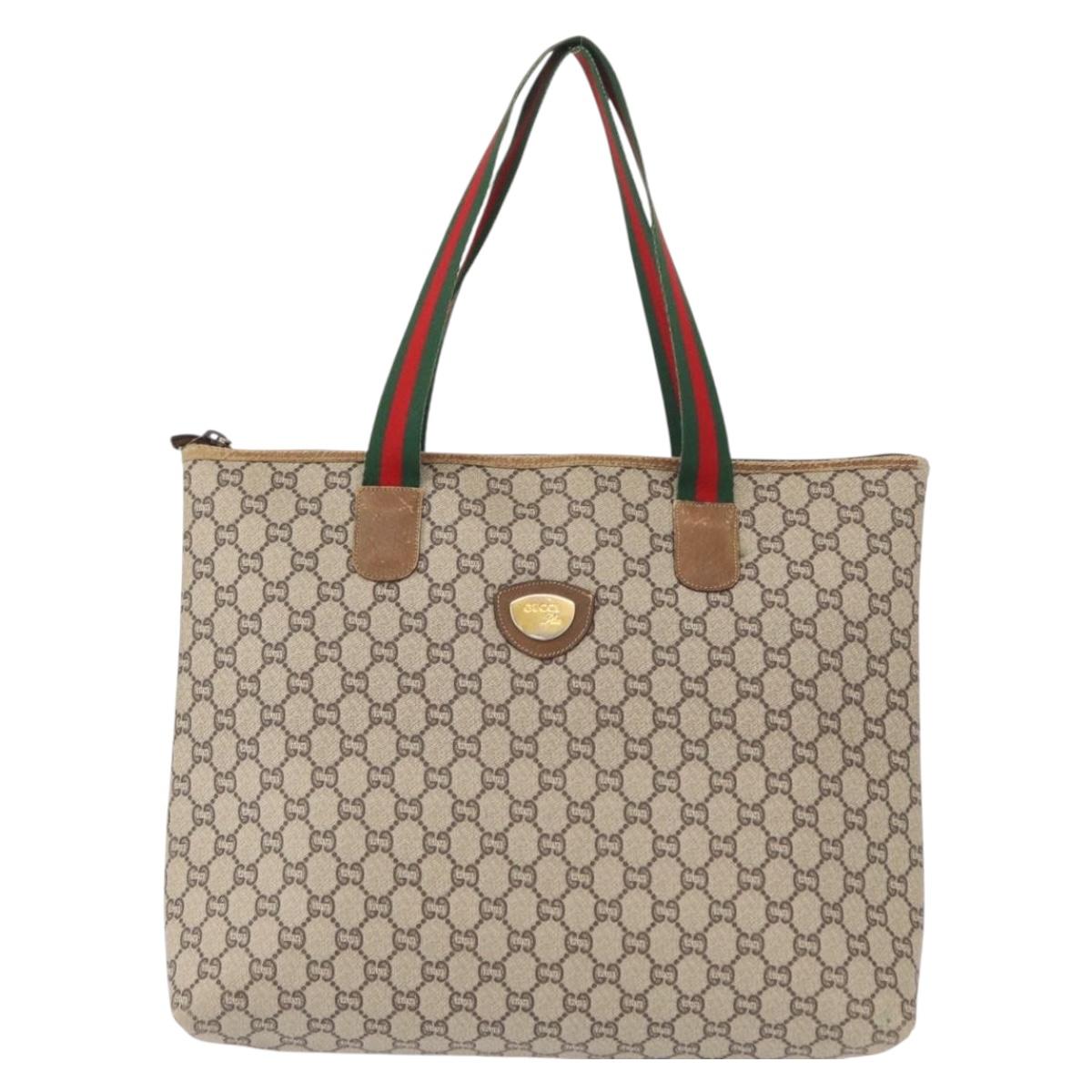 GUCCI GG Plus Supreme Web Sherry Line Tote Bag PVC Beige Red Green Auth 155241