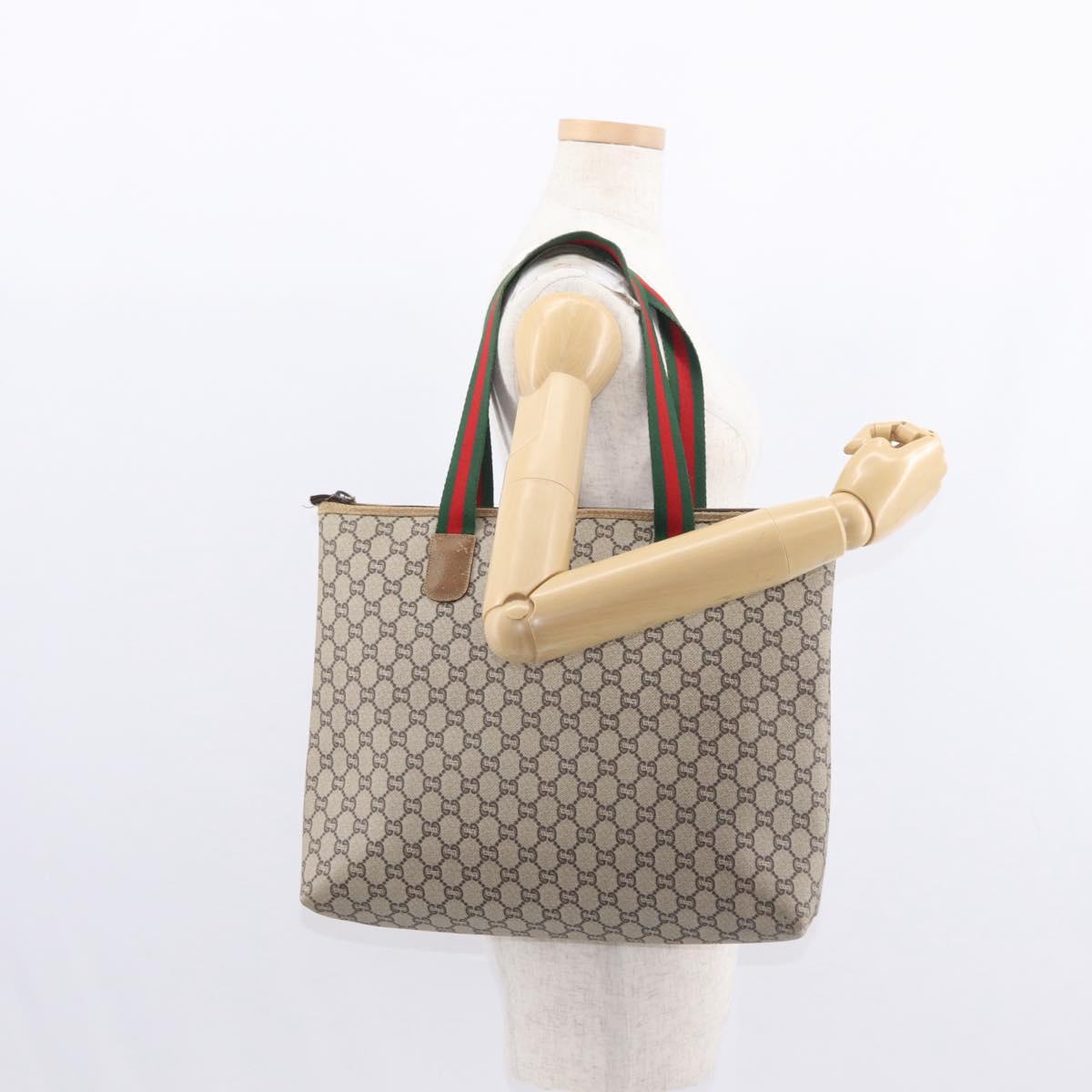 GUCCI GG Plus Supreme Web Sherry Line Tote Bag PVC Beige Red Green Auth 155241