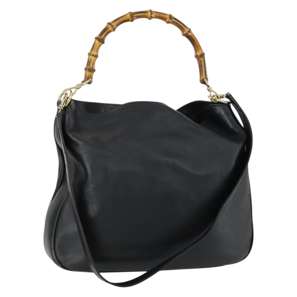 GUCCI Bamboo Hand Bag Leather 2way Black Gold 001 1577 Auth 155243