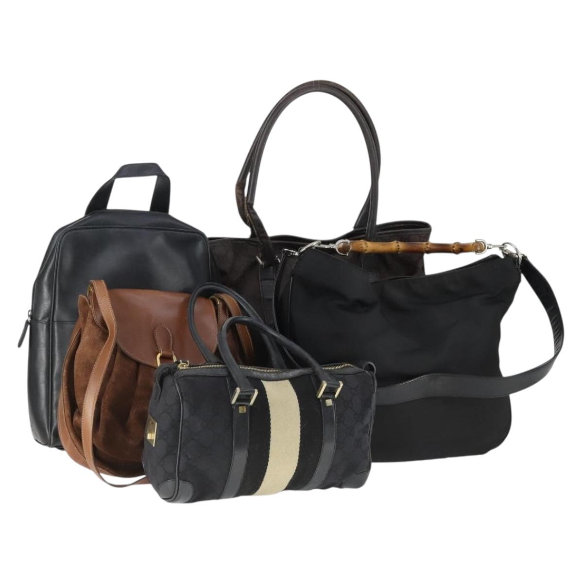 GUCCI Bag Leather Canvas Suede 5 Set Brown Black Auth 155250