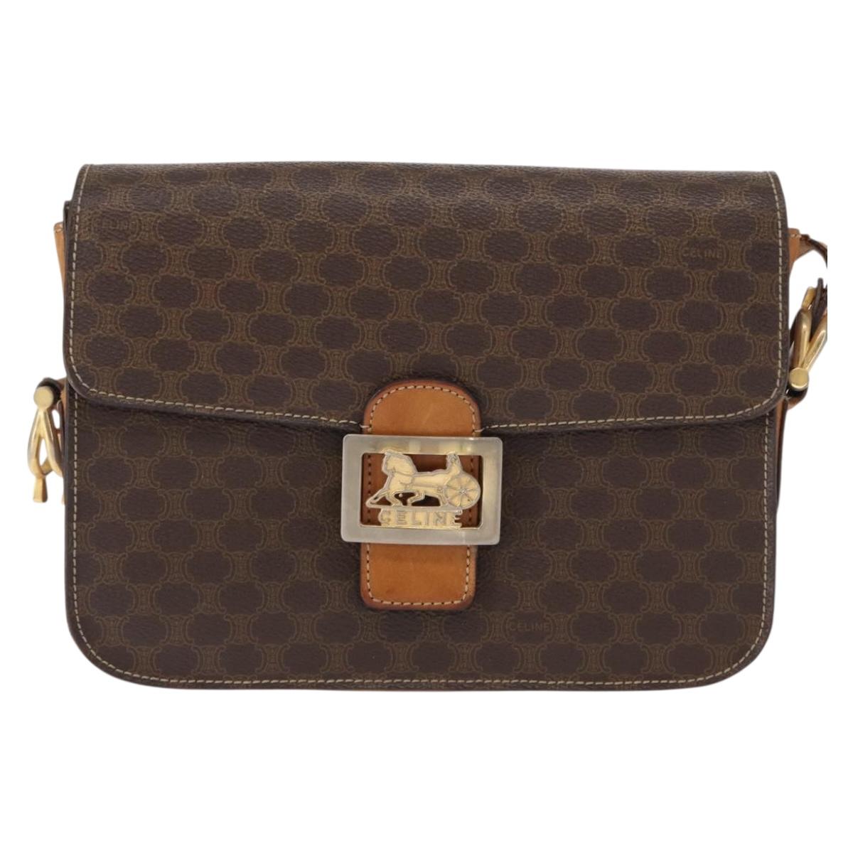 CELINE Macadam Canvas Shoulder Bag PVC Leather Brown Gold Auth 155288