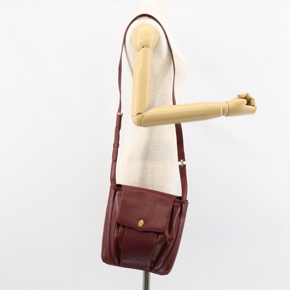 CARTIER Shoulder Bag Leather Bordeaux Gold Auth 155296