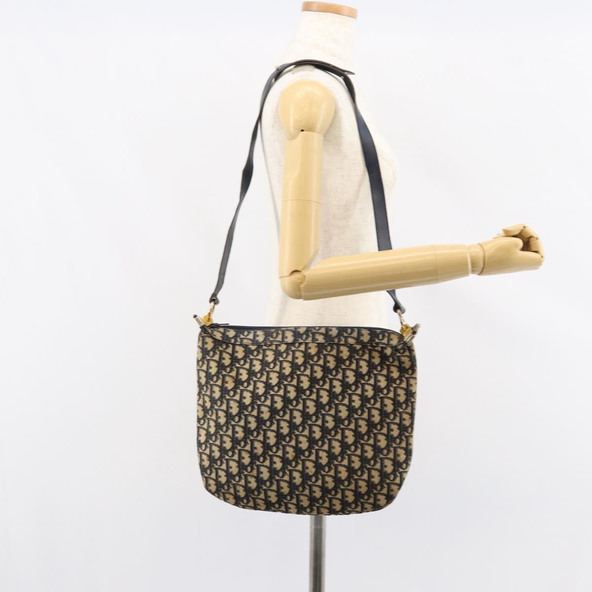 Christian Dior Trotter Canvas Shoulder Bag Navy Gold Auth 155297