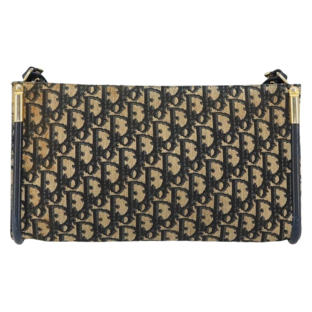 Christian Dior Trotter Canvas Shoulder Bag Navy Gold Auth 155298