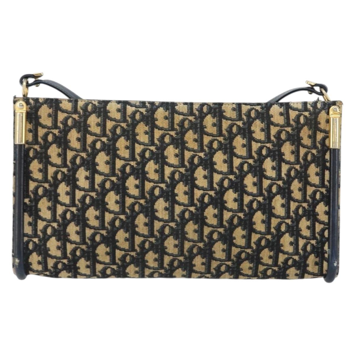 Christian Dior Trotter Canvas Shoulder Bag Navy Gold Auth 155298