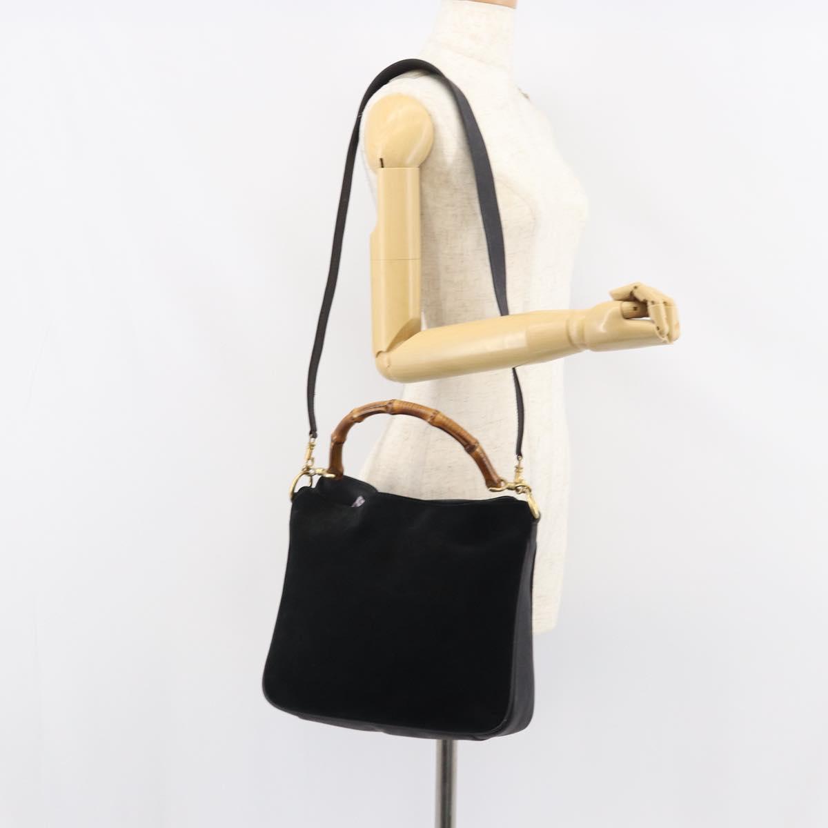 GUCCI Bamboo Hand Bag Suede 2way Black Gold 001 2404 1638 Auth 155302