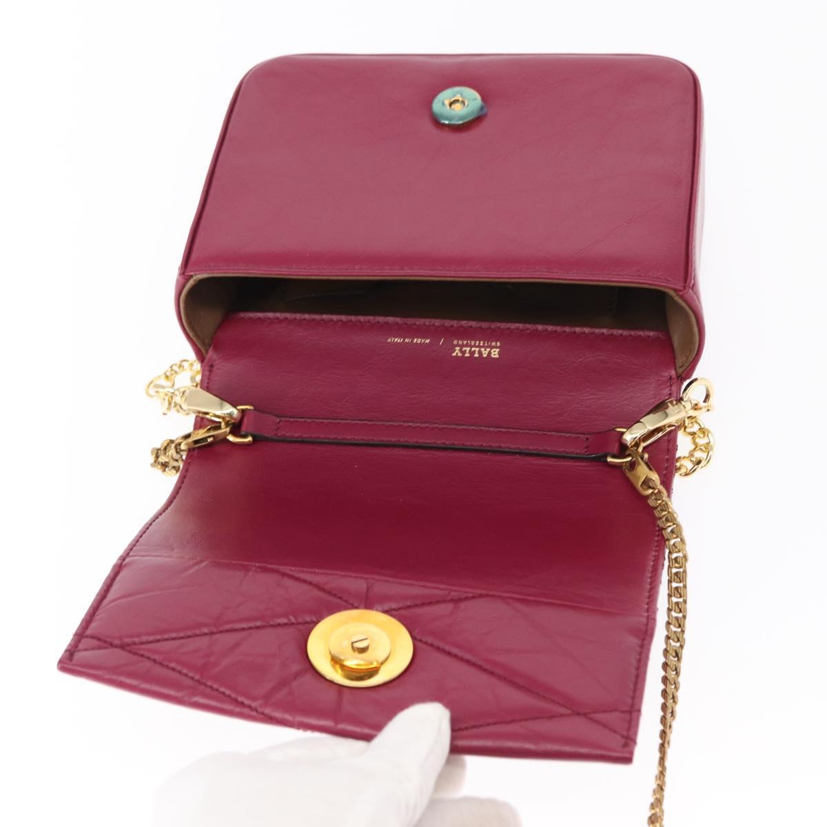 BALLY Chain Shoulder Bag Leather Wine Red Gold Auth 155307