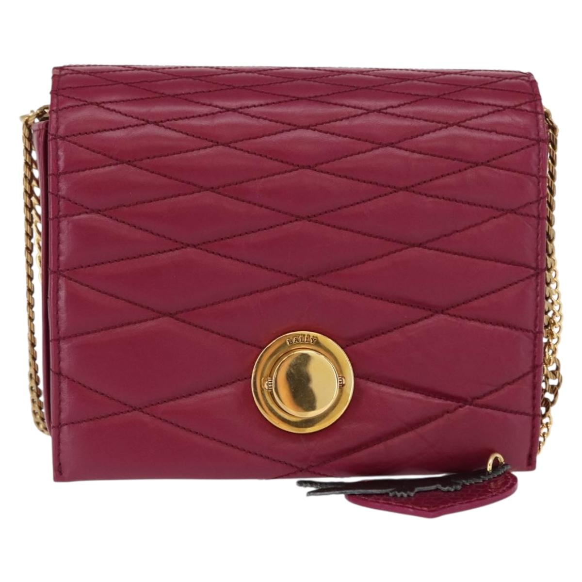 BALLY Chain Shoulder Bag Leather Wine Red Gold Auth 155307