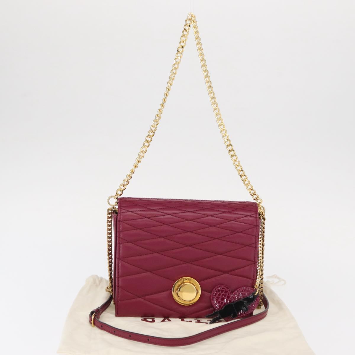 BALLY Chain Shoulder Bag Leather Wine Red Gold Auth 155307