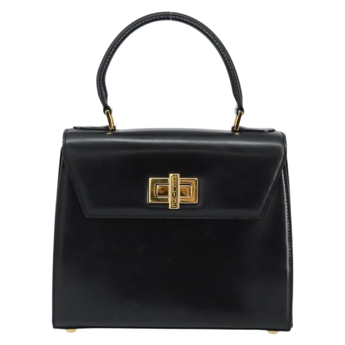CELINE Hand Bag Leather Black Gold Auth 155321