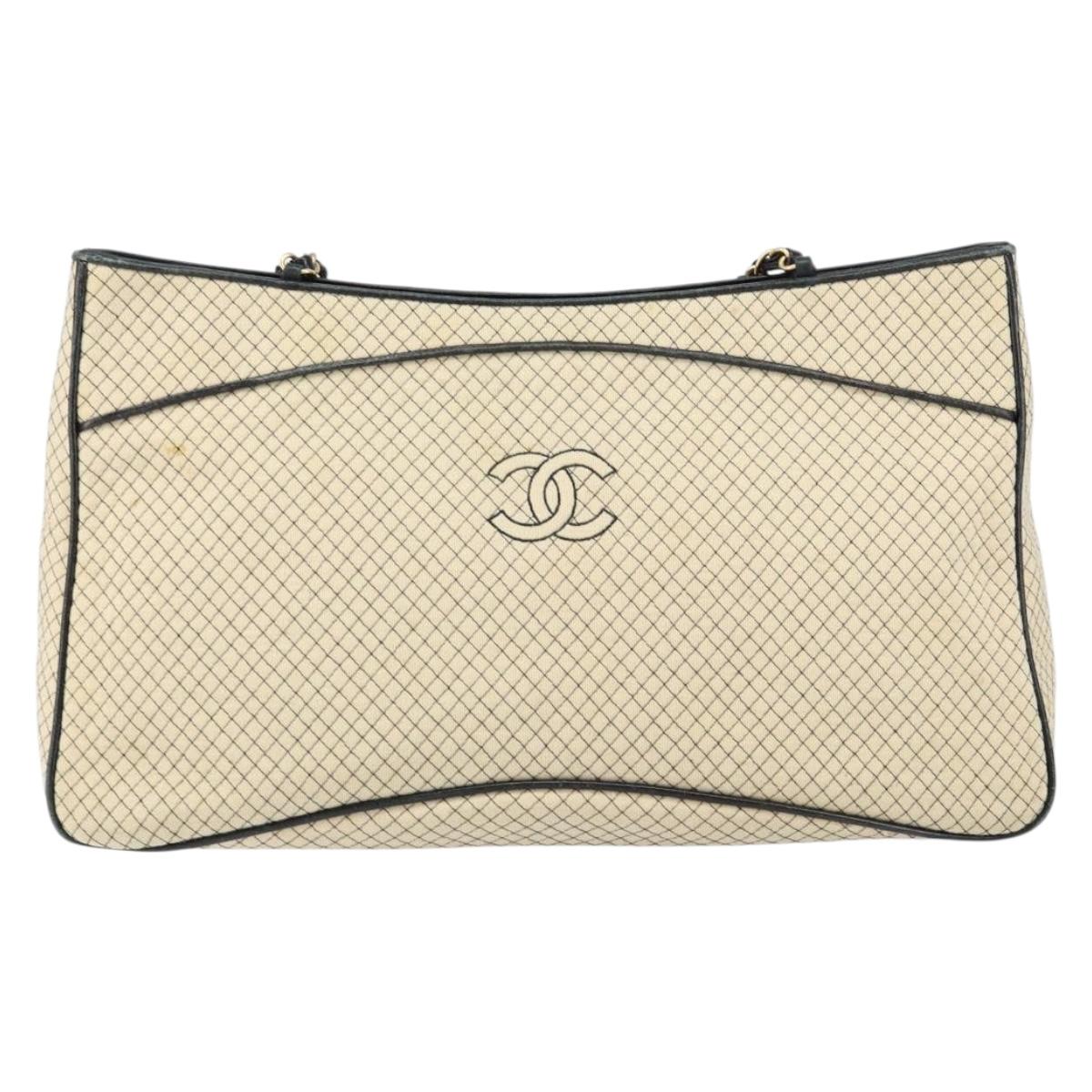 CHANEL Chain Tote Bag Cotton Beige Gold CC Auth 155323