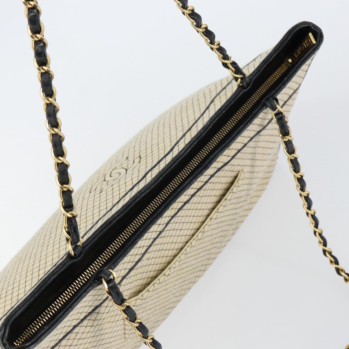 CHANEL Chain Tote Bag Cotton Beige Gold CC Auth 155323