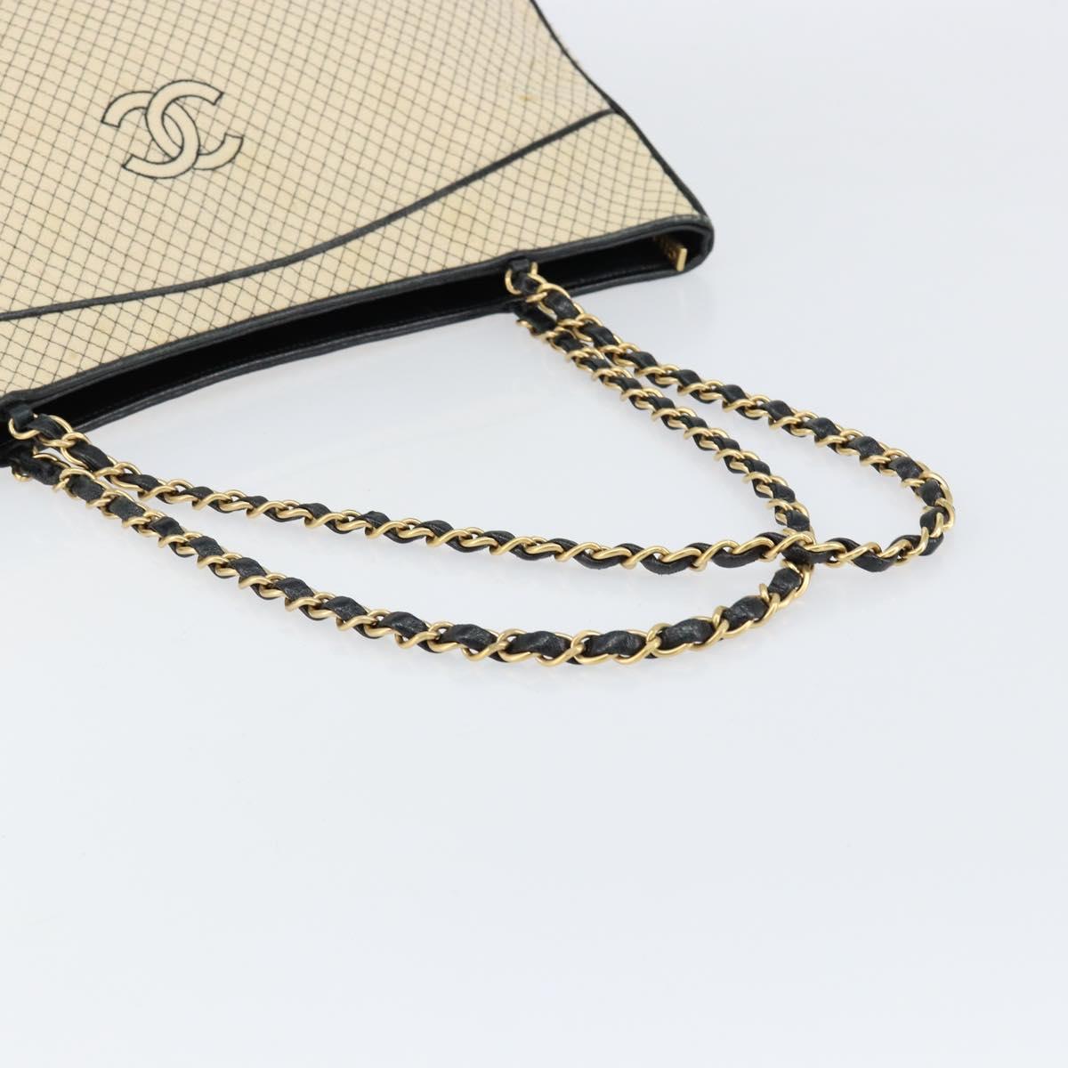 CHANEL Chain Tote Bag Cotton Beige Gold CC Auth 155323