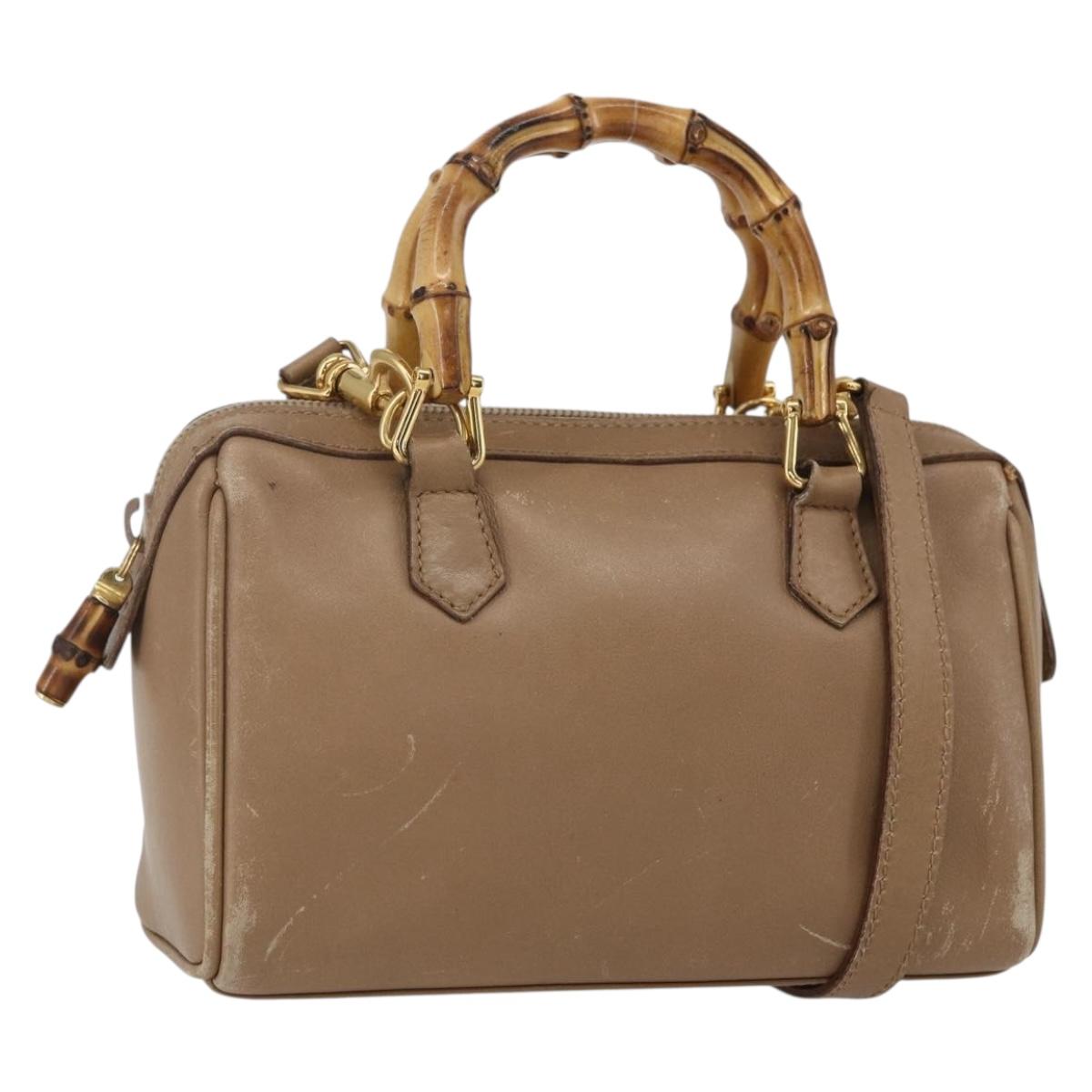 GUCCI Bamboo mini Boston Bag Leather 2way Beige Gold 007 3444 0232 Auth 155385