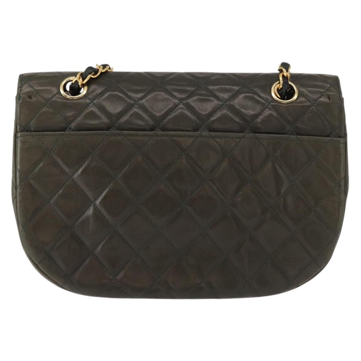 CHANEL Chain Matelasse Shoulder Bag Lamb Skin Khaki Gold CC Auth 155402