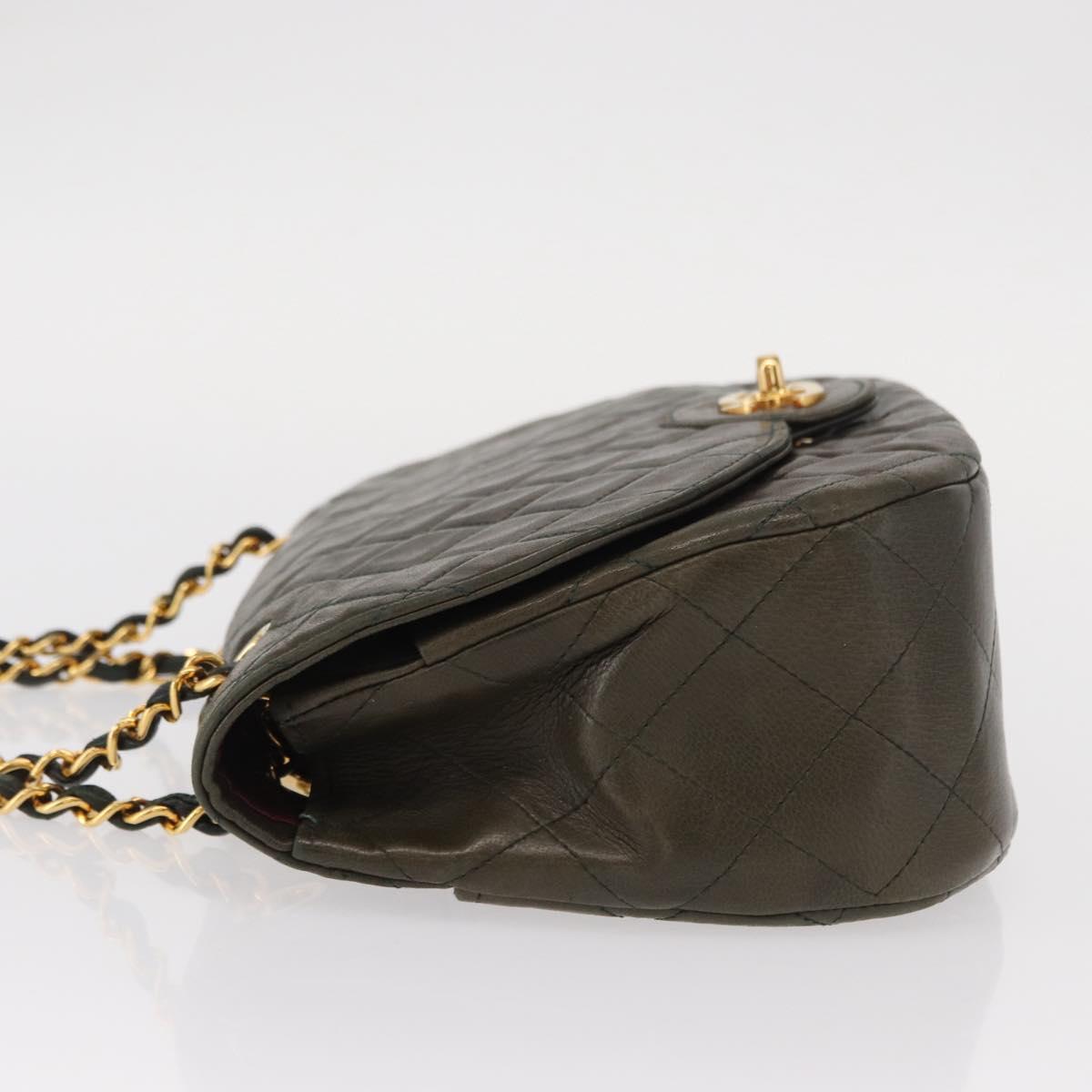 CHANEL Chain Matelasse Shoulder Bag Lamb Skin Khaki Gold CC Auth 155402