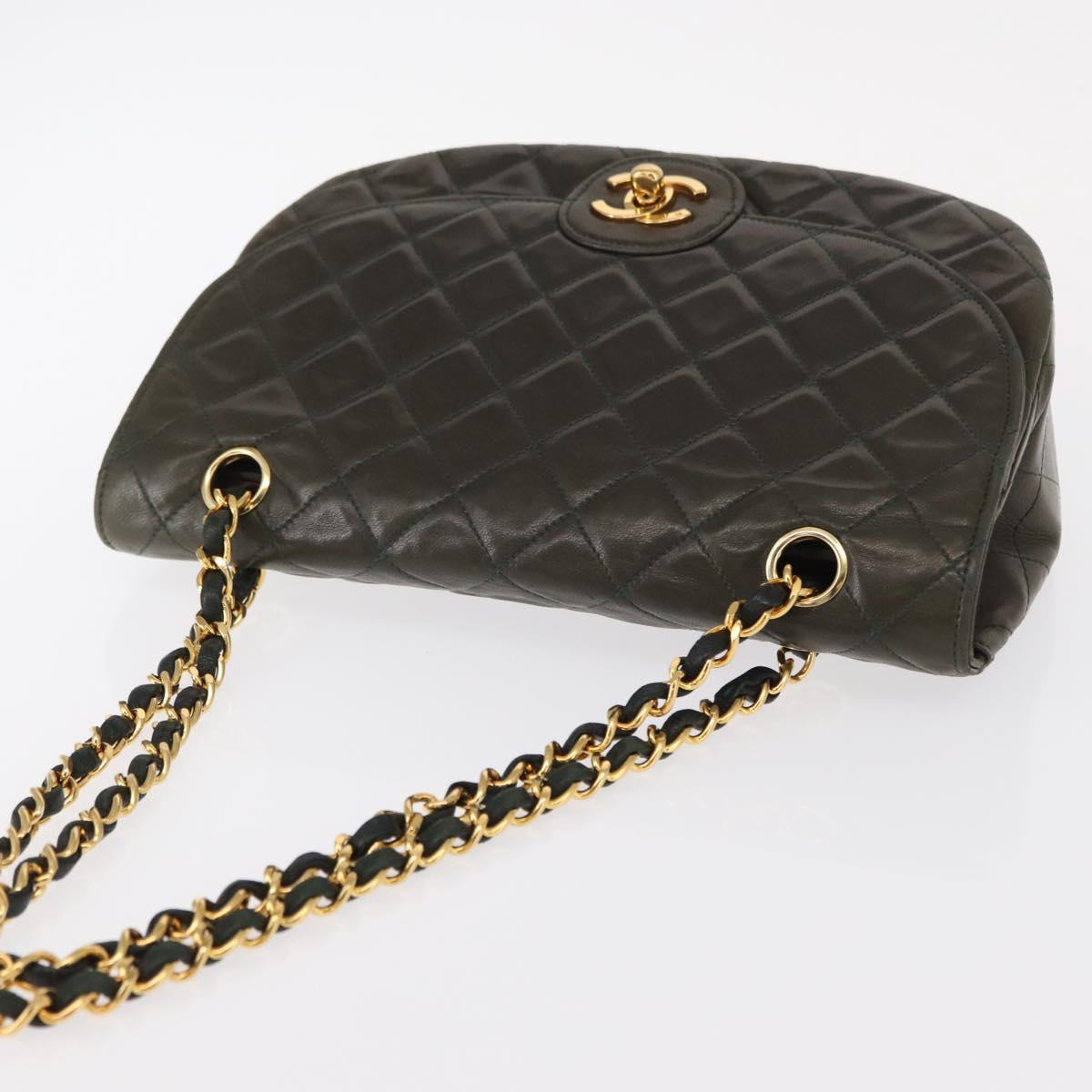 CHANEL Chain Matelasse Shoulder Bag Lamb Skin Khaki Gold CC Auth 155402