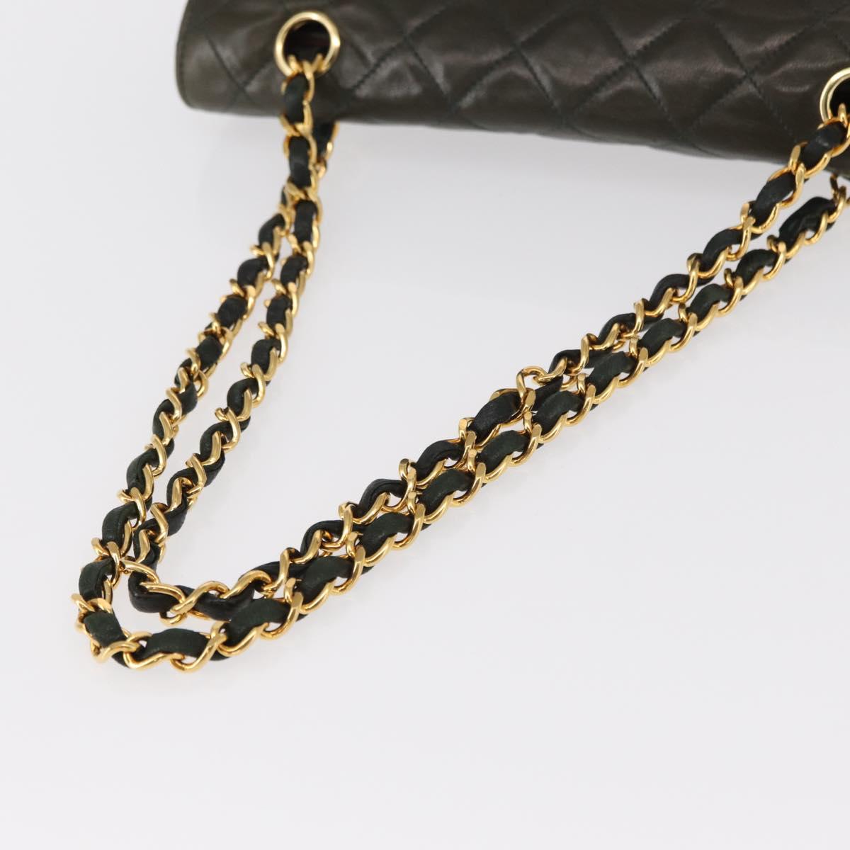 CHANEL Chain Matelasse Shoulder Bag Lamb Skin Khaki Gold CC Auth 155402