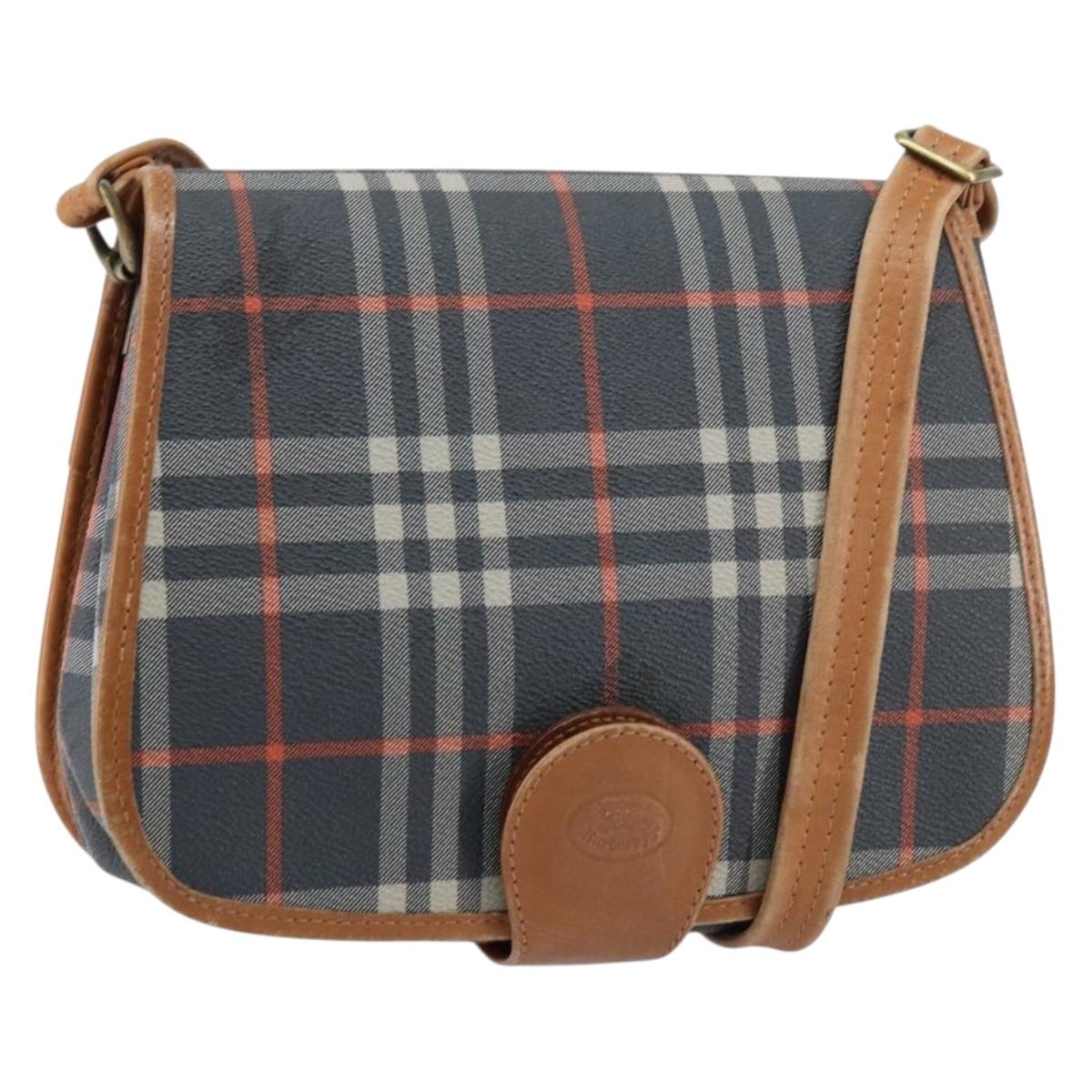 Burberrys Nova Check Shoulder Bag PVC Navy Gold Auth 155468