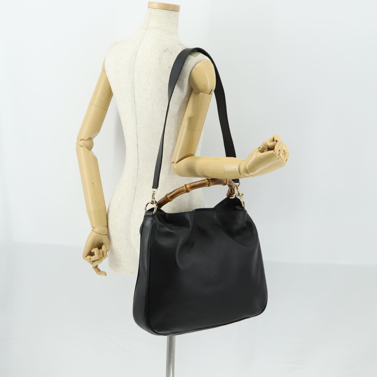 GUCCI Bamboo Shoulder Bag Leather 2way Black Gold 001 1577 Auth 155471