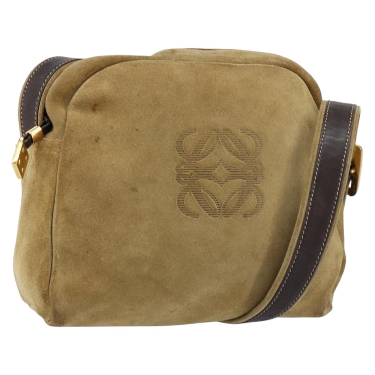LOEWE Anagram Shoulder Bag Suede Beige Gold Auth 155473