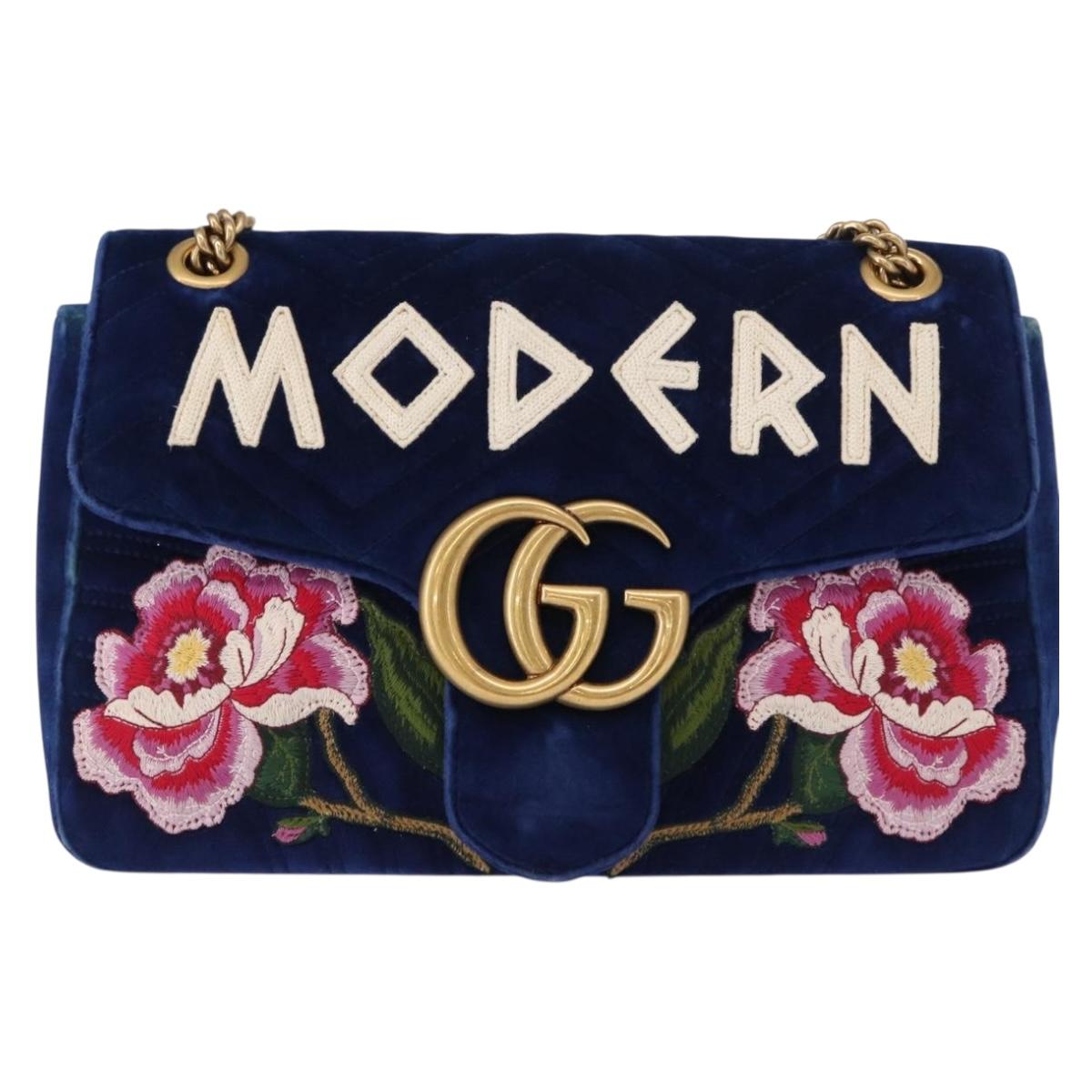 GUCCI Chain MODERN GG Marmont Shoulder Bag Velor Blue Gold 443496 Auth 155504
