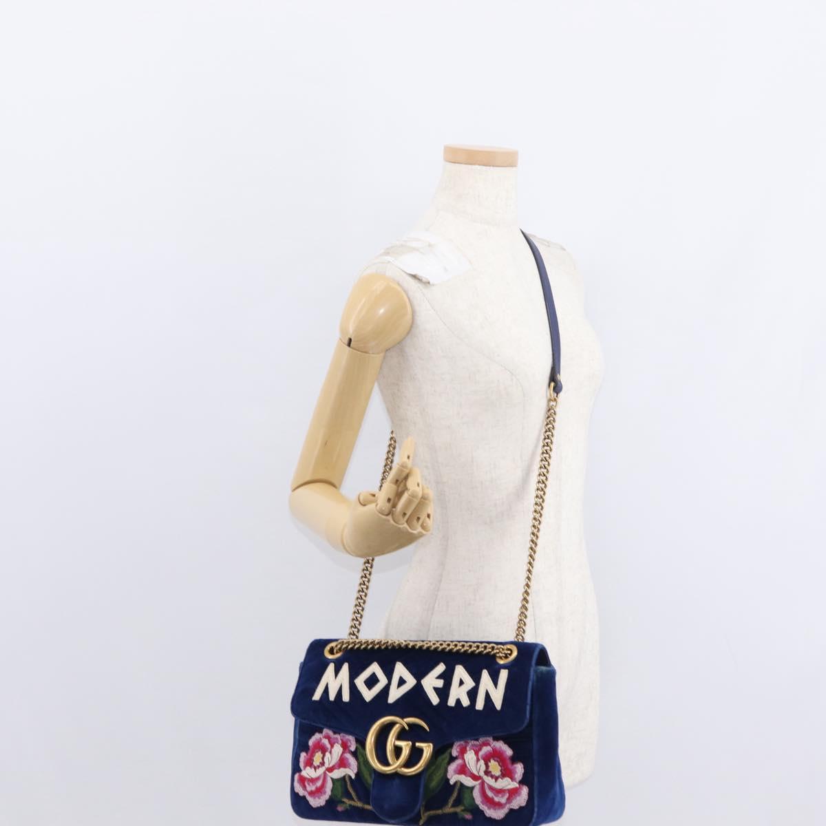GUCCI Chain MODERN GG Marmont Shoulder Bag Velor Blue Gold 443496 Auth 155504