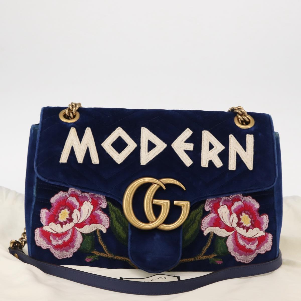 GUCCI Chain MODERN GG Marmont Shoulder Bag Velor Blue Gold 443496 Auth 155504