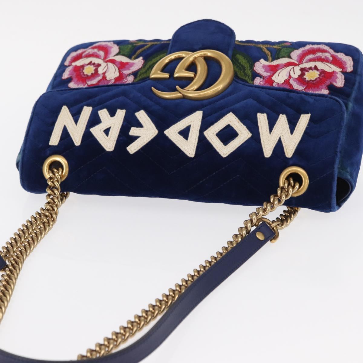 GUCCI Chain MODERN GG Marmont Shoulder Bag Velor Blue Gold 443496 Auth 155504