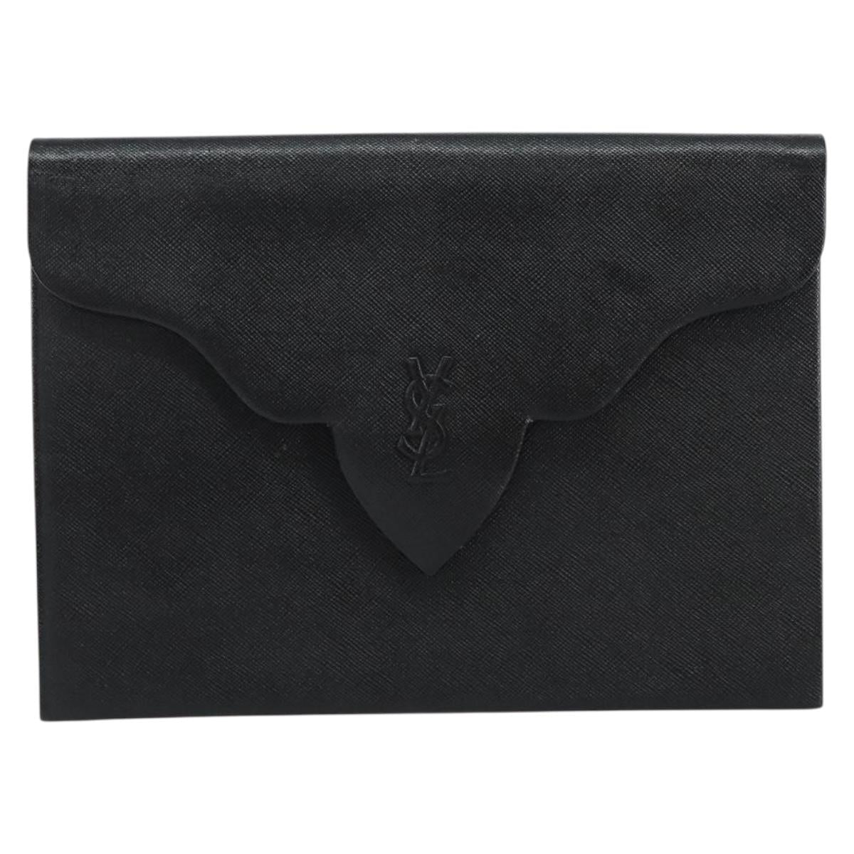 SAINT LAURENT Clutch Bag Leather Black Gold Auth 155556