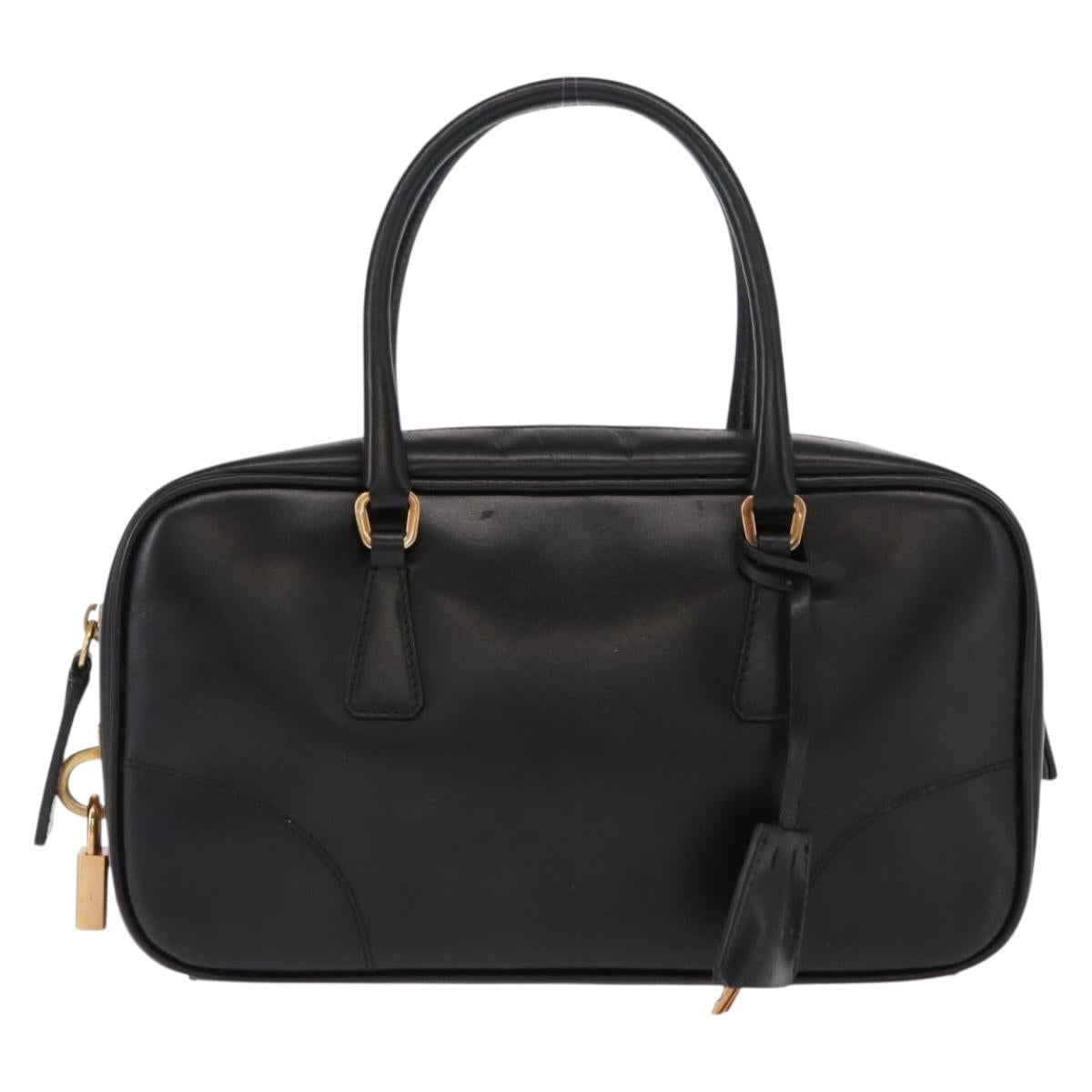 PRADA Hand Bag Leather Black Gold Auth 155558