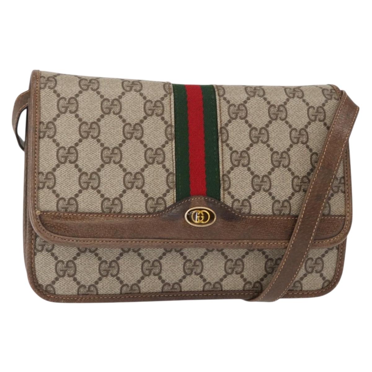 GUCCI GG Supreme Web Sherry Line Shoulder Bag PVC Beige Gold Auth 155593
