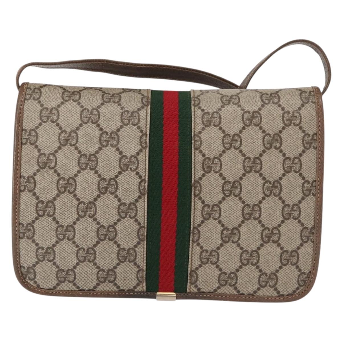 GUCCI GG Supreme Web Sherry Line Shoulder Bag PVC Beige Gold Auth 155593