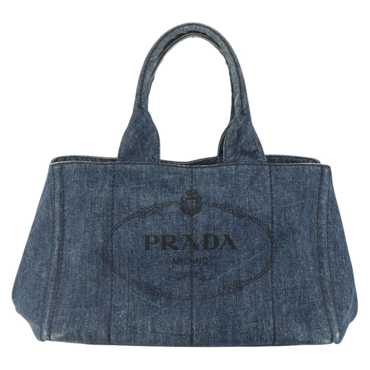 PRADA Canapa MM Hand Bag Denim Blue Gold Auth 155597