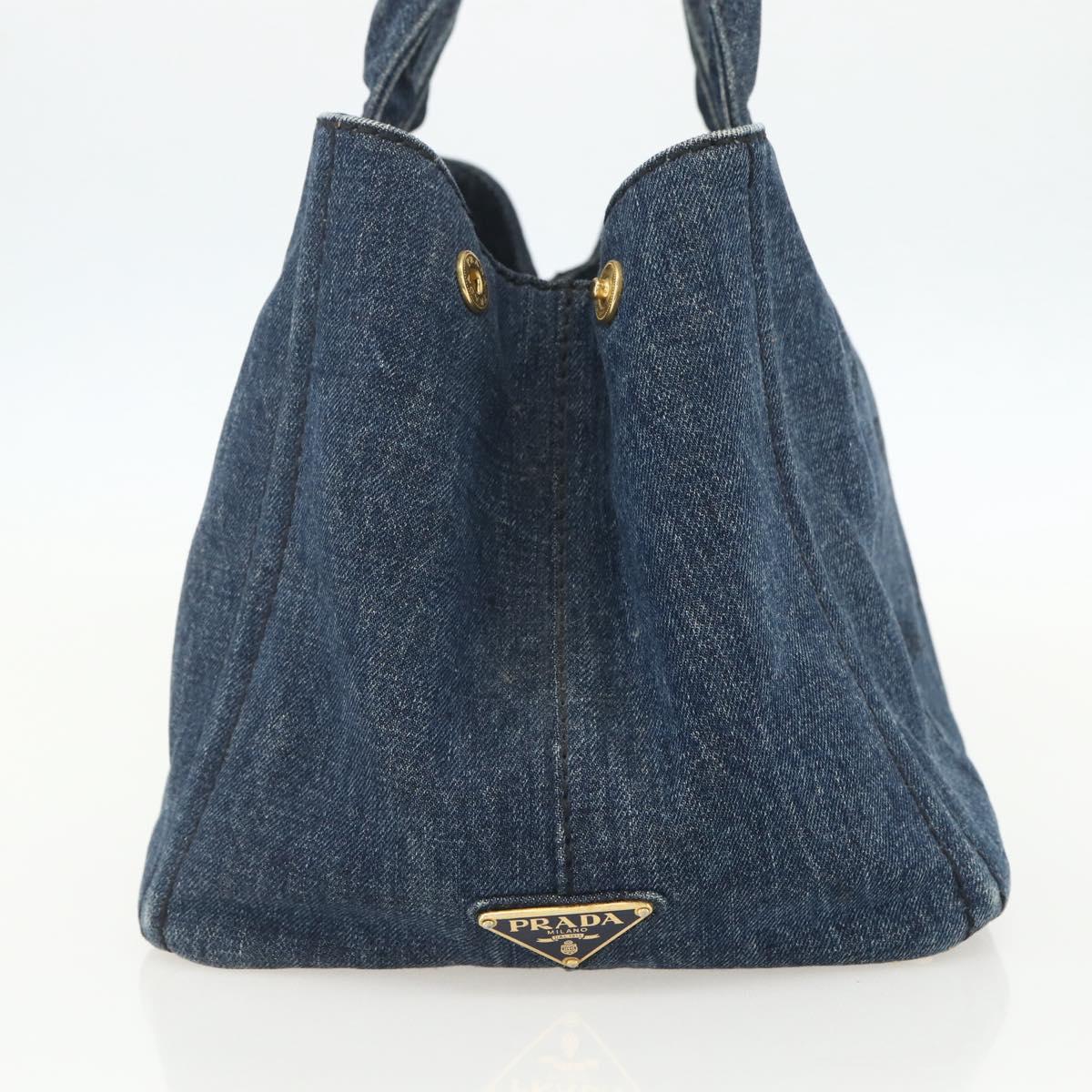 PRADA Canapa MM Hand Bag Denim Blue Gold Auth 155597